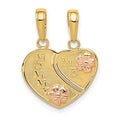 14k Two-tone with Flowers MOMMY-ME 2-Piece Break-apart Heart Pendant, 19 x 15 mm