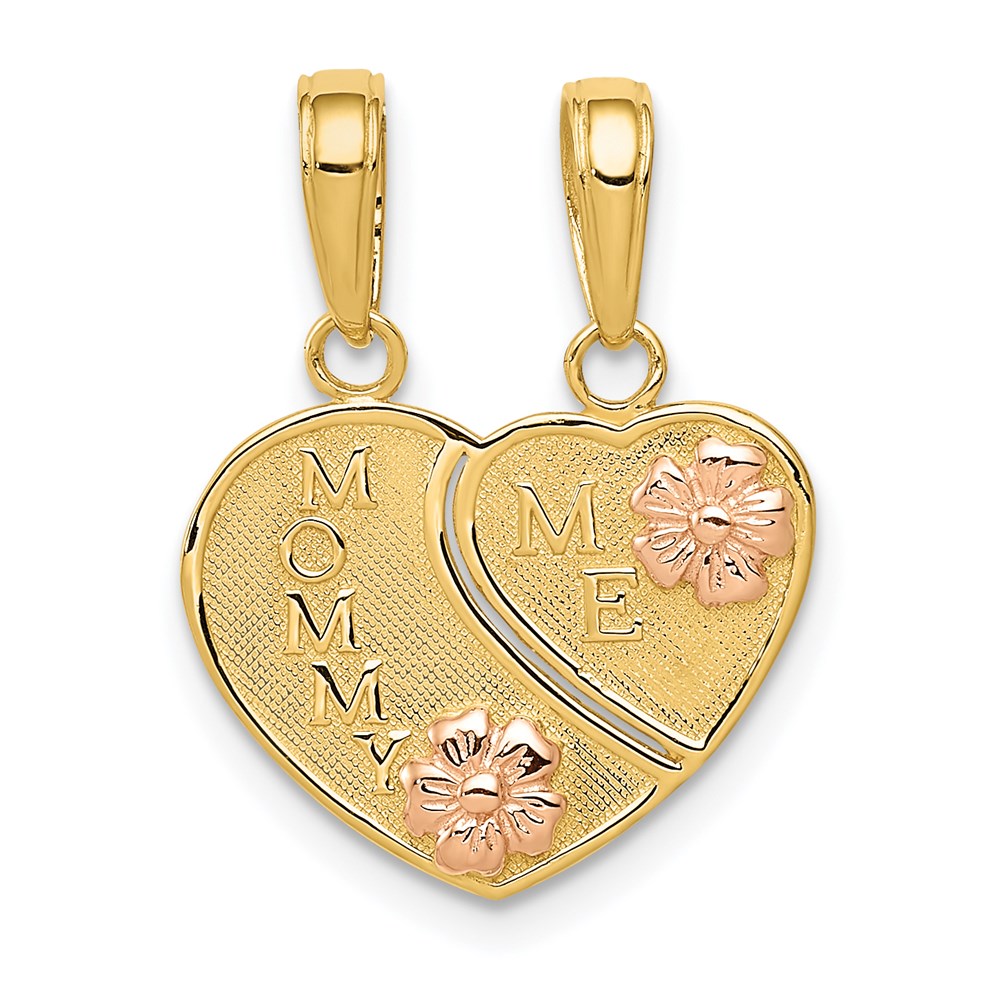 14k Two-tone with Flowers MOMMY-ME 2-Piece Break-apart Heart Pendant, 19 x 15 mm