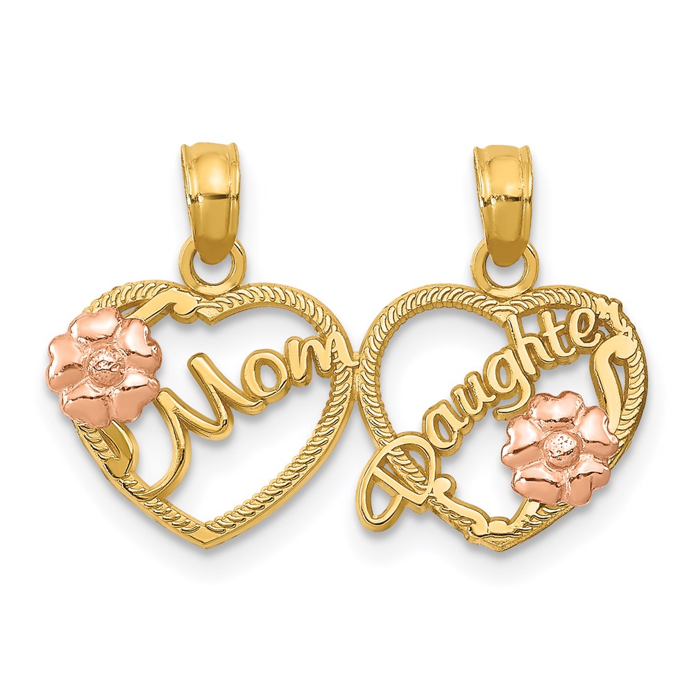 14k Two-tone with Flowers MOM - DAUGHTER 2-Piece Break-apart Hearts Pendant, 18 x 24 mm