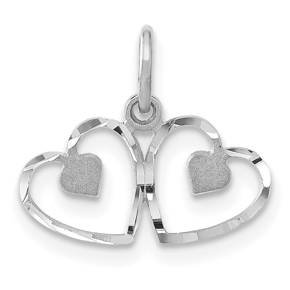 14k White Gold Satin And Diamond-cut Double Heart Charm, 14 x 16 mm