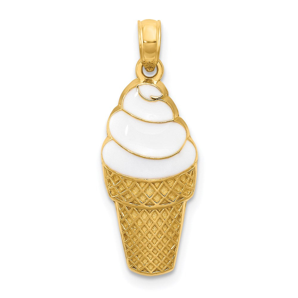 14k White Enameled Vanilla Ice Cream Cone Pendant, 25 x 9 mm
