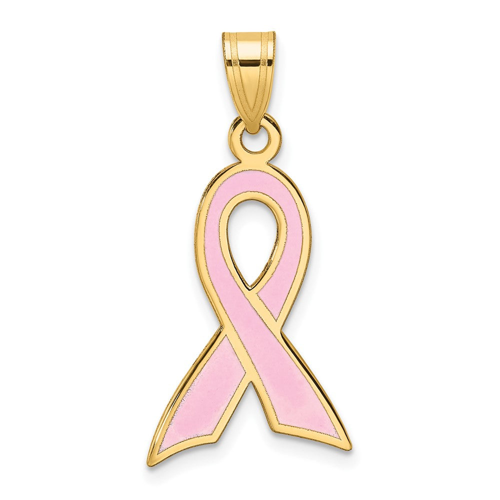 14k Large Enameled Pink Awareness Ribbon Pendant, 29 x 15 mm