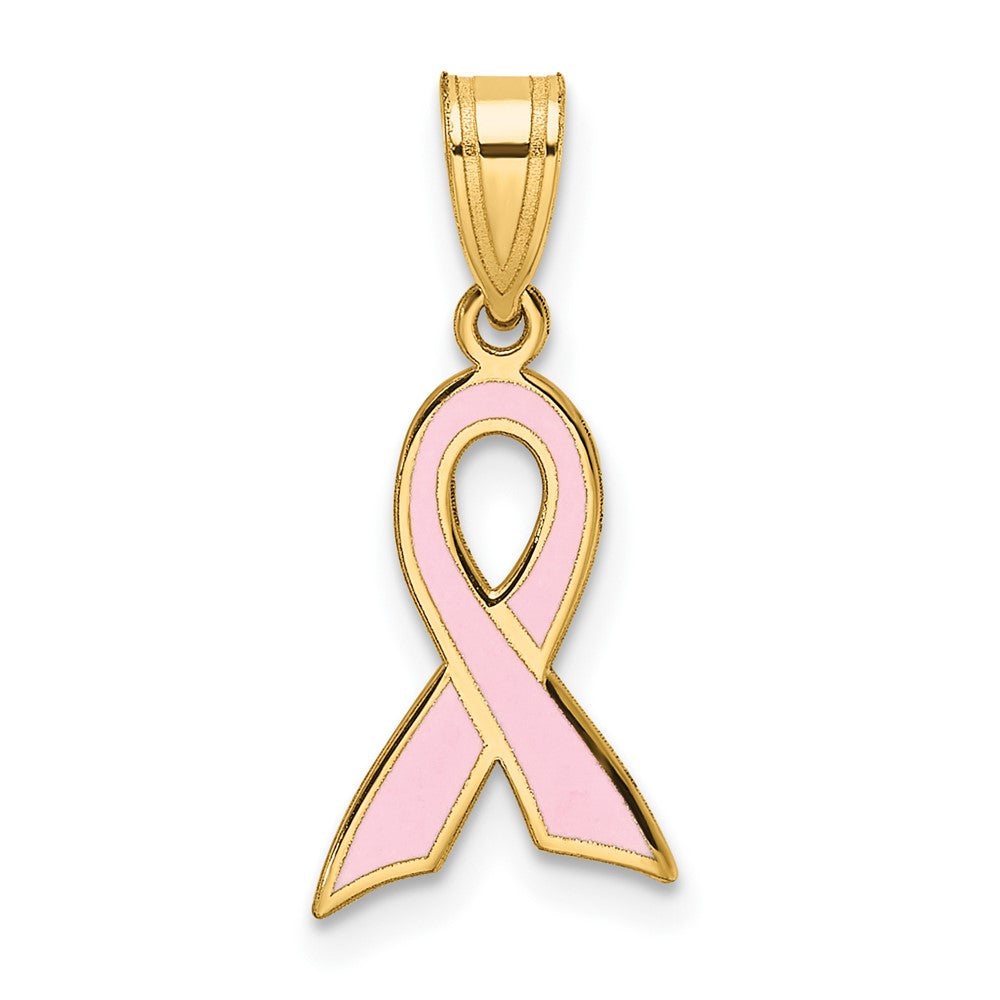 14k Small Pink Enameled Awareness Ribbon Pendant, 19 x 9 mm