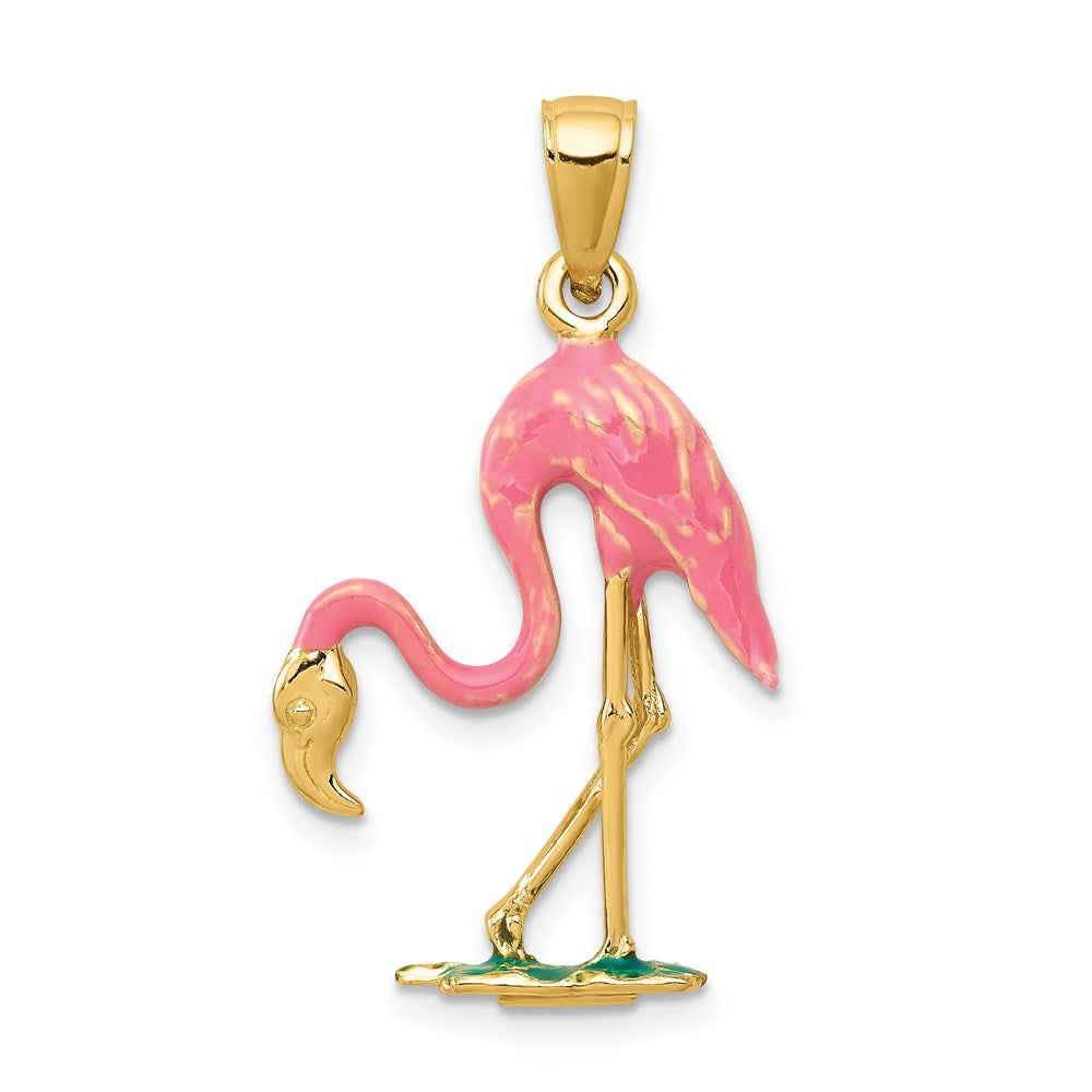 14k Enameled 3-D Pink Flamingo Pendant, 31 x 17 mm
