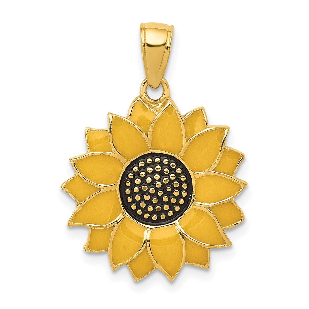 14k Enameled Yellow Sunflower Pendant, 24 x 17.5 mm