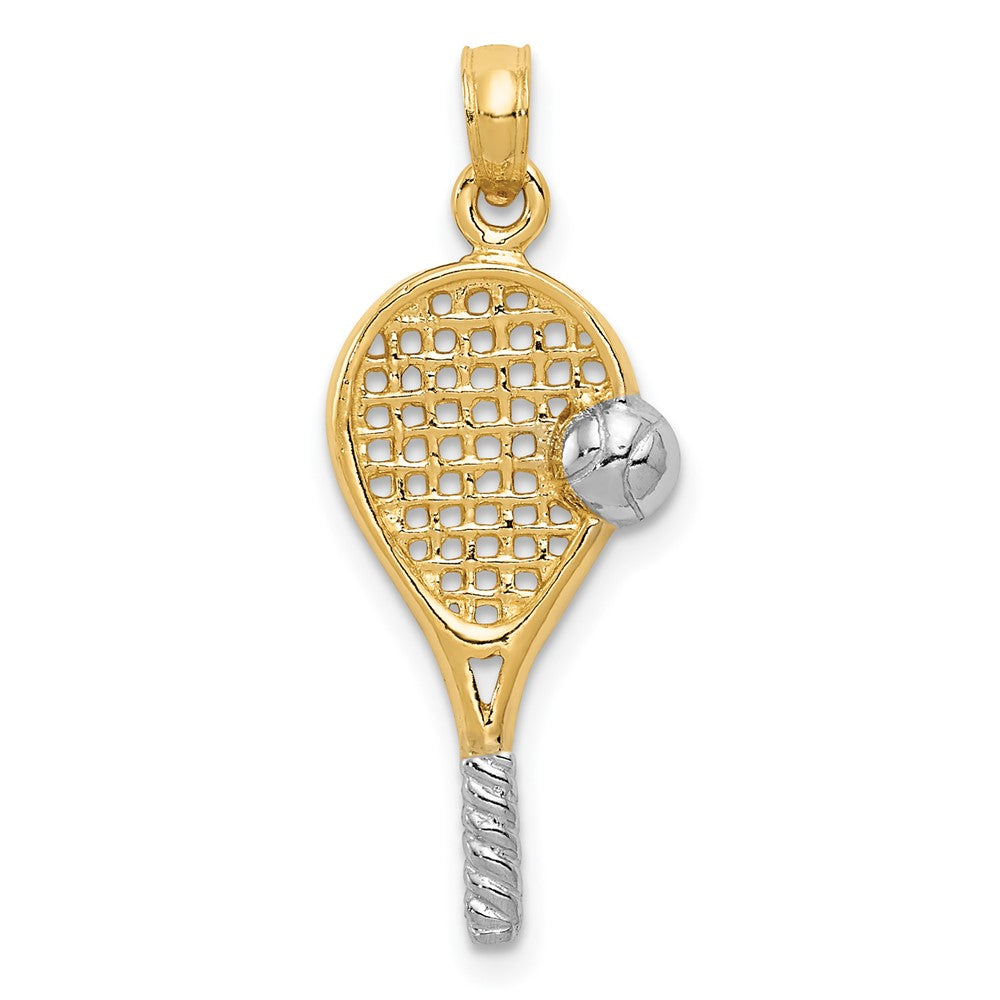 14k and White Rhodium Polished Tennis Racquet and Ball Pendant, 28 x 10 mm