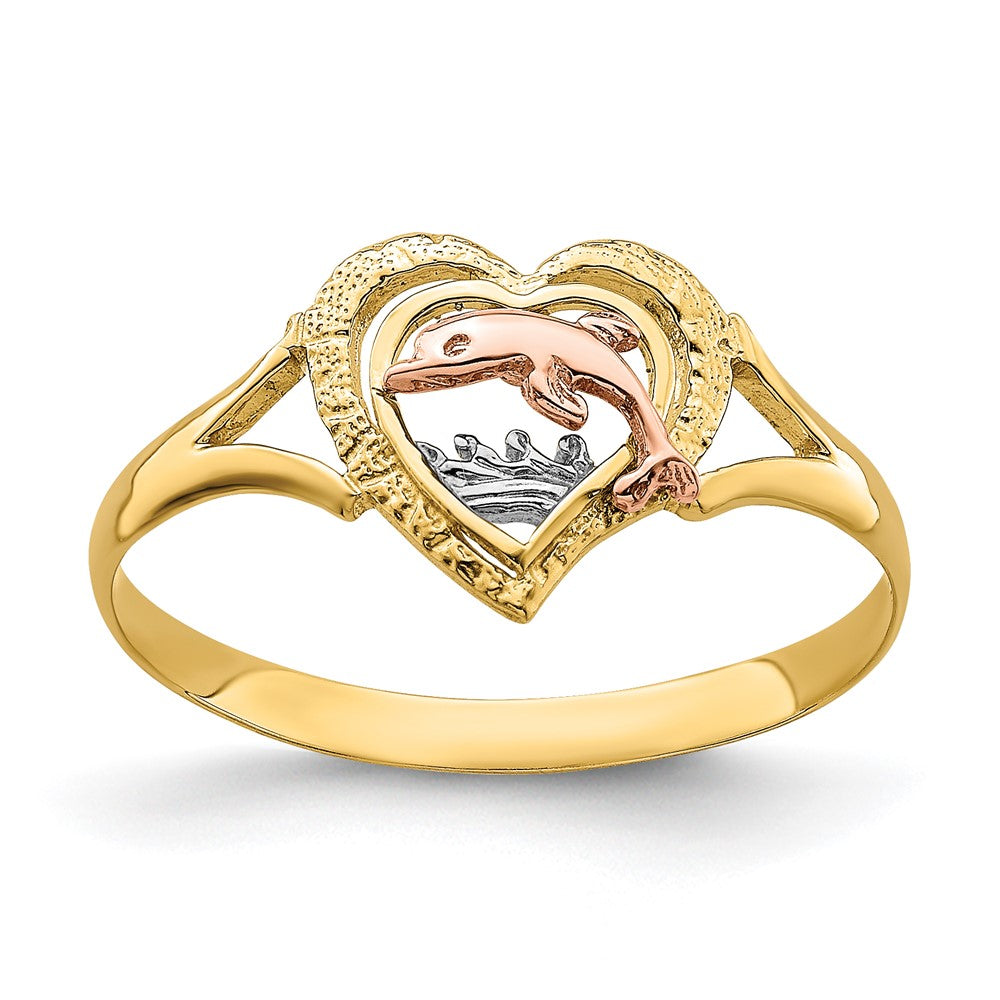 14K Yellow and Rose Gold with White Rhodium Dolphin In Heart Ring, Size 7