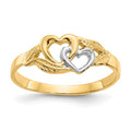 14K and White Rhodium Polished 2 Hearts and Leaves Ring, Size 6