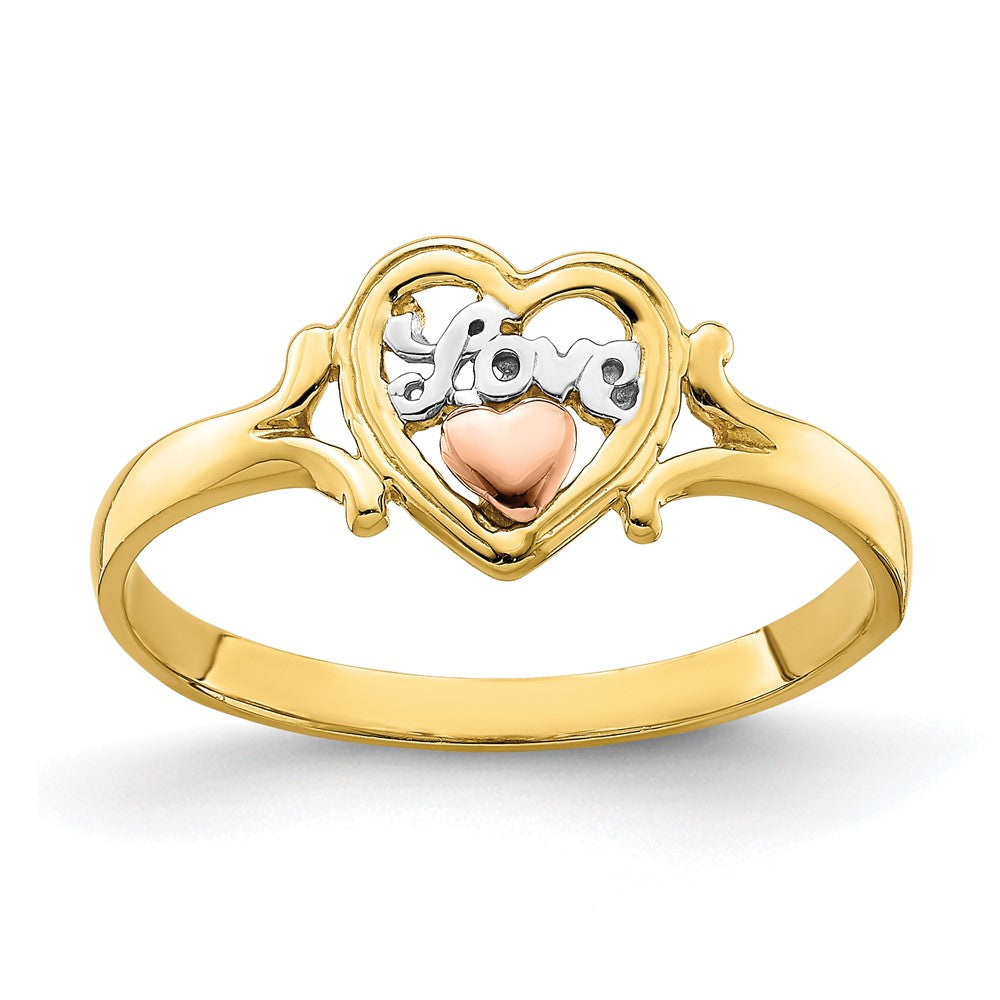 14k Yellow and Rose Gold with White Rhodium LOVE Heart Ring, Size 6, 1.38 g