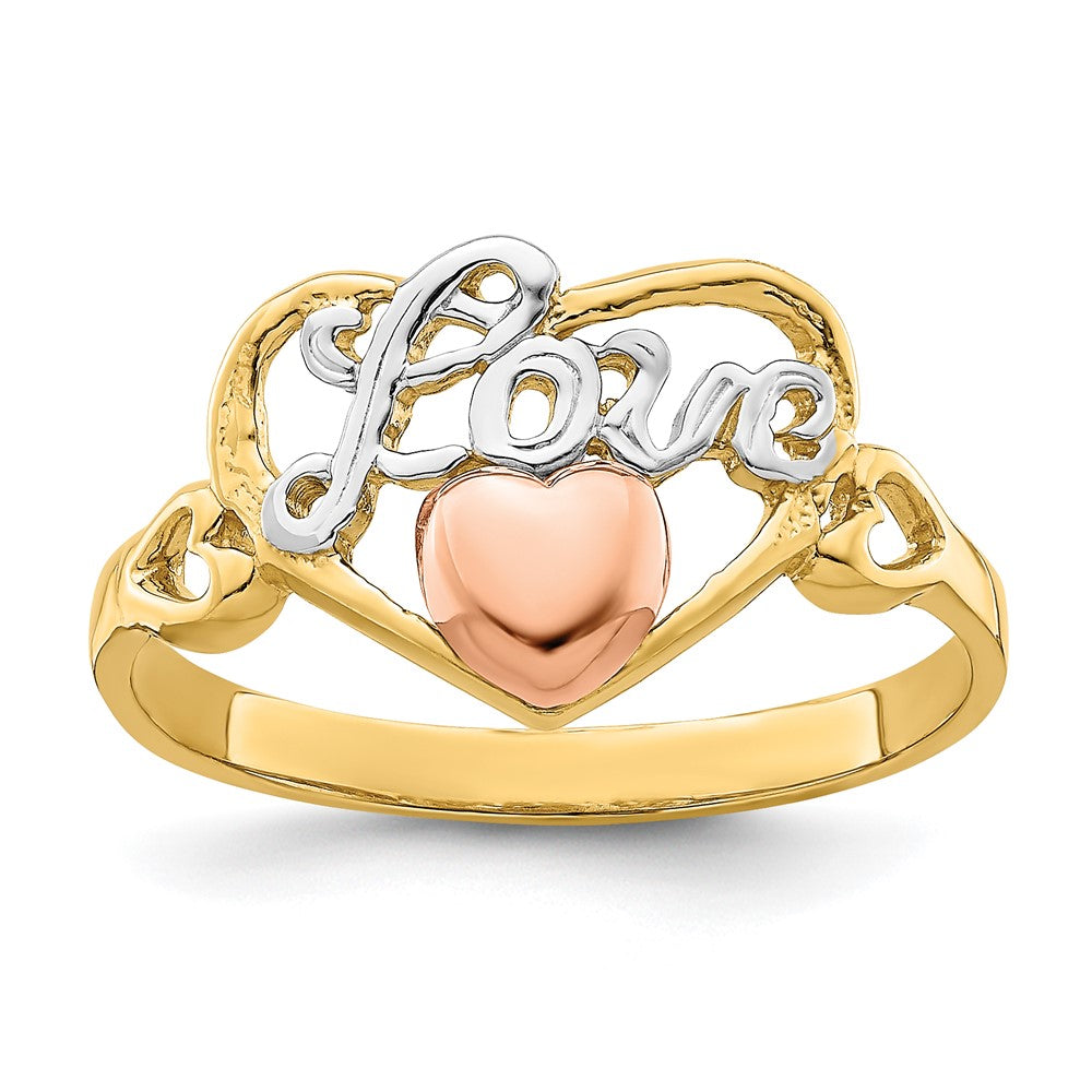 14k Yellow and Rose Gold with White Rhodium LOVE Heart Ring, Size 6, 2.13 g