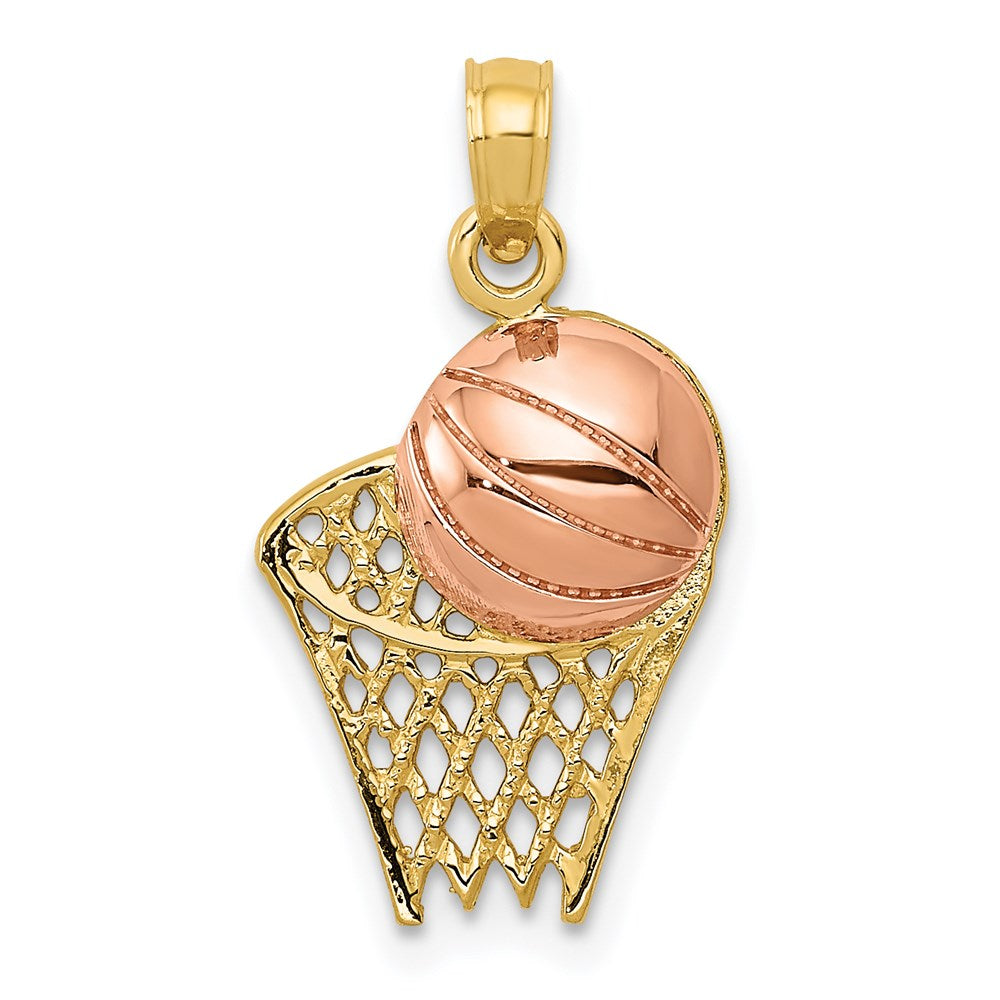 14k Two-tone Basketball Hoop with Ball Pendant, 21 x 12 mm