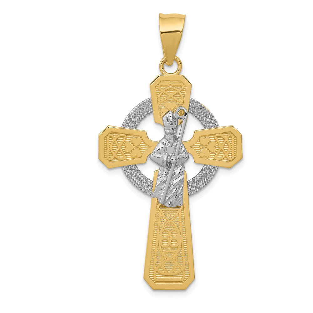14k Two-tone and White Rhodium St. Patrick Celtic Cross Pendant, 48 x 24 mm