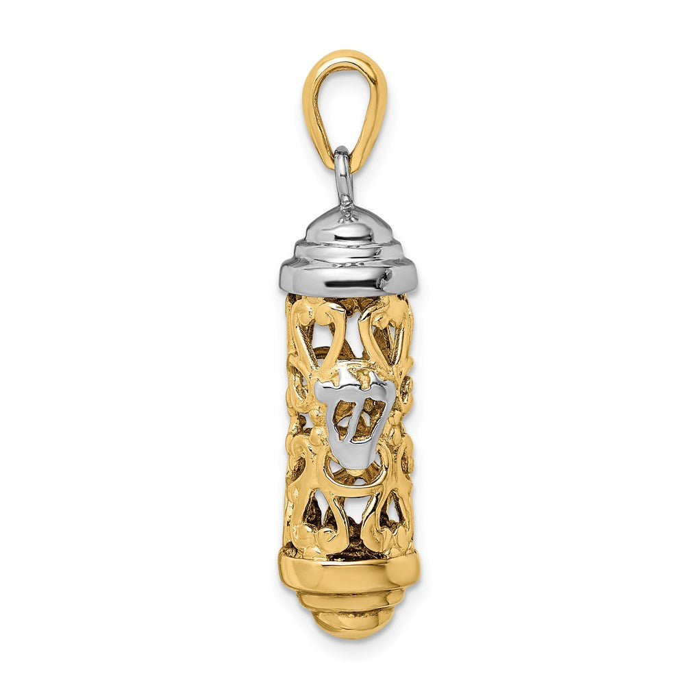 14K Two-Tone 3-D Mezuzah Pendant, 34 x 9 mm