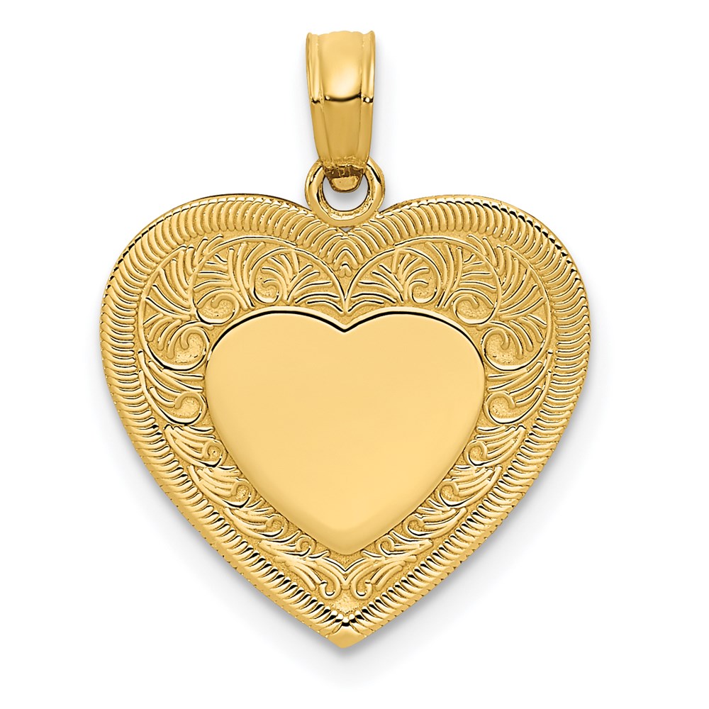 14K Polished Swirled Border Engravable Heart Pendant, 21 x 16 mm