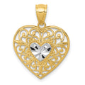14K and White Rhodium Polished Diamond-cut Filigree Heart Pendant, 24 x 17 mm