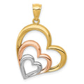 14K Two-tone and White Rhodium Polished 3 Hearts Pendant, 25.5 x 22 mm