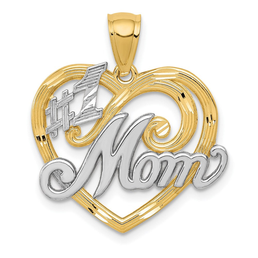 14k and White Rhodium #1 MOM Heart Pendant, 22 x 20 mm