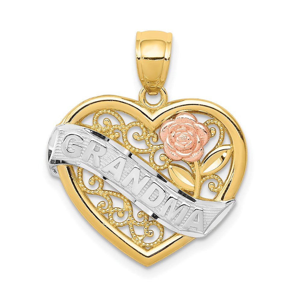 14k Two-tone with White Rhodium GRANDMA Heart with Rose Pendant, 22 x 19 mm