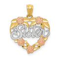 14k Two-tone with White Rhodium SISTER Heart Pendant, 23 x 18 mm