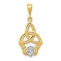 14K and White Rhodium Diamond-cut Claddagh Trinity Knot Pendant, 30 x 15 mm