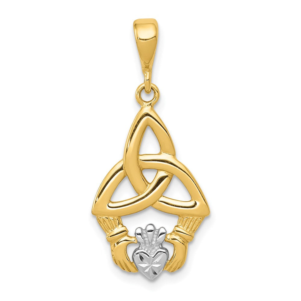 14K and White Rhodium Diamond-cut Claddagh Trinity Knot Pendant, 30 x 15 mm