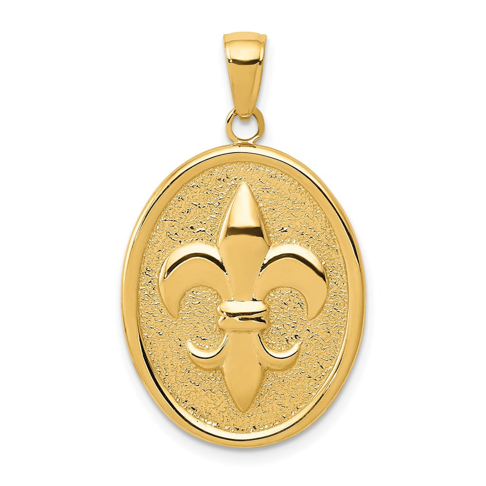 14k Fleur-De-Lis on Oval Disk Pendant, 30 x 20 mm