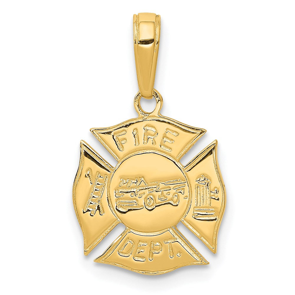 14k FIRE DEPT Shield Pendant, 19.5 x 13 mm