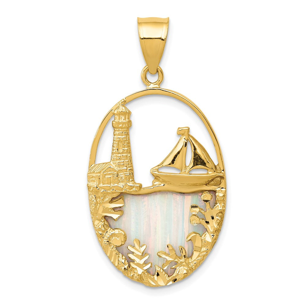 14K Lab Created Opal Lighthouse and Sailboat Pendant, 37 x 19 mm
