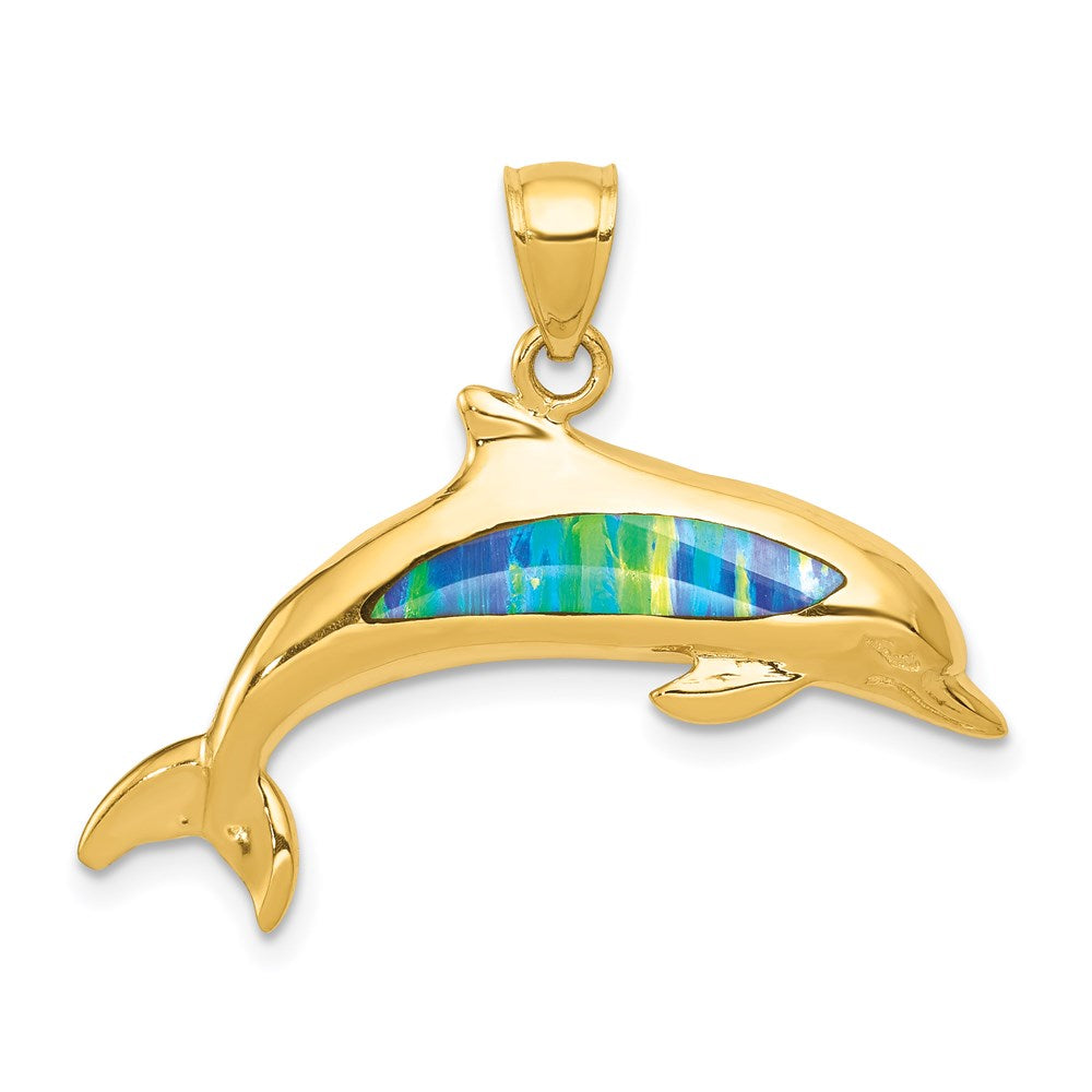 14K Lab Created Opal Dolphin Pendant, 24 x 30 mm