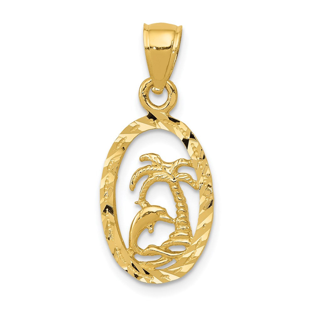 14K Dolphin and Palm Tree Pendant, 25 x 10 mm
