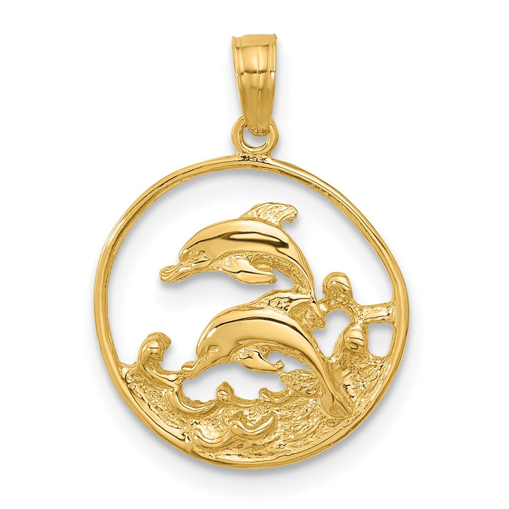 14k Double Dolphin Circle Pendant, 22 x 15 mm