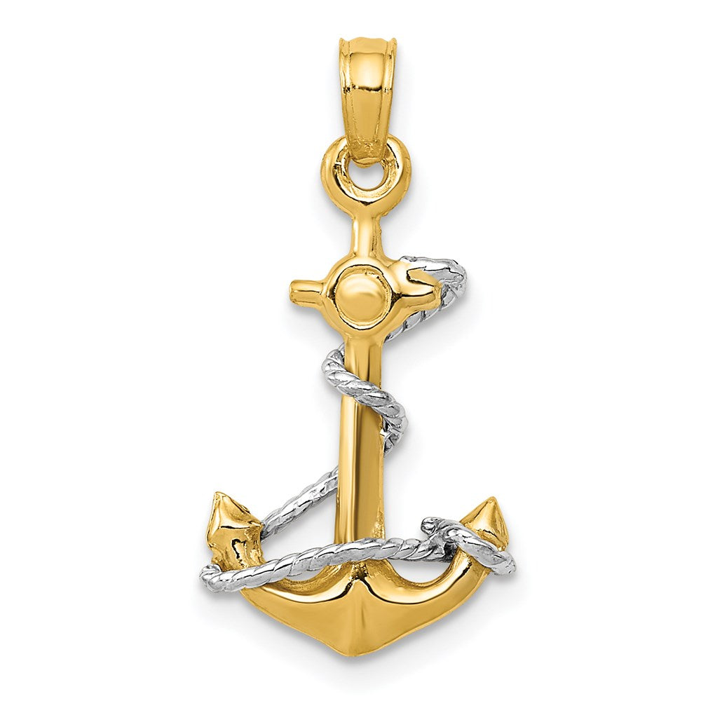 14K Two-Tone 3-D Anchor with Rope Pendant, 23 x 12 mm