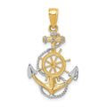14K and White Rhodium Anchor with Rope and Ships Wheel Pendant, 31 x 17 mm
