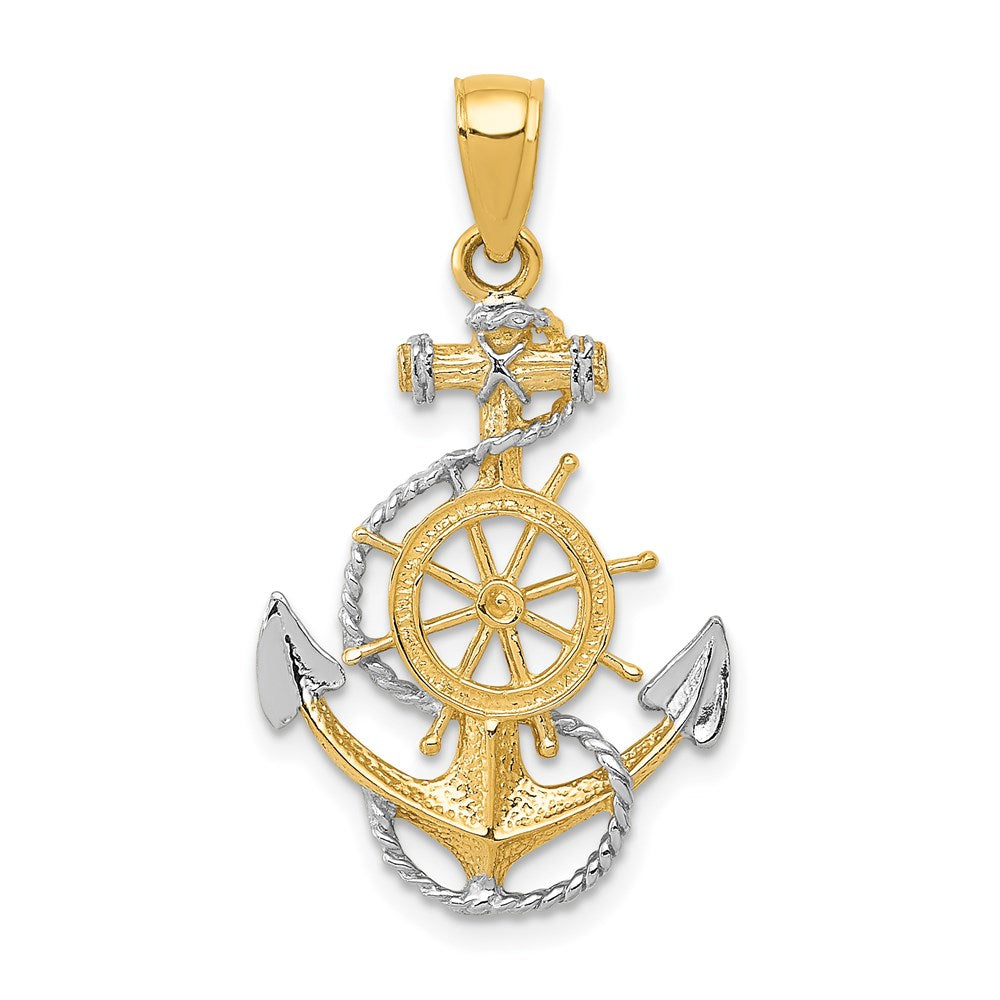 14K and White Rhodium Anchor with Rope and Ships Wheel Pendant, 31 x 17 mm
