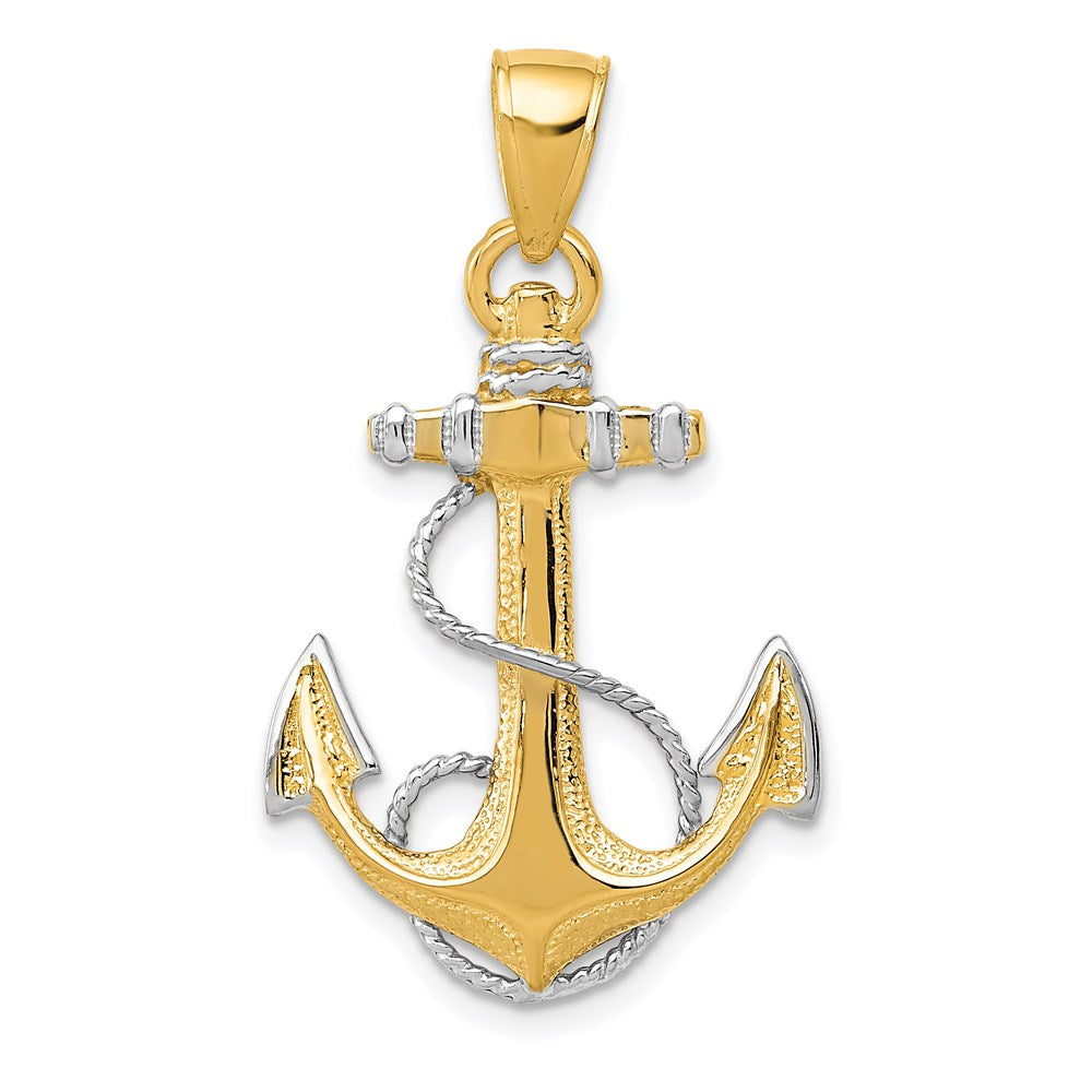14K and White Rhodium Anchor with Rope Pendant, 33 x 20 mm