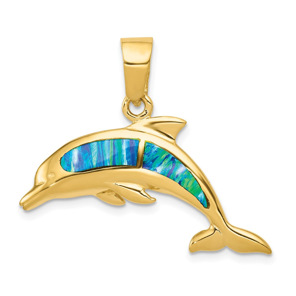 14k Lab Created Opal Dolphin Pendant, 29 x 32 mm