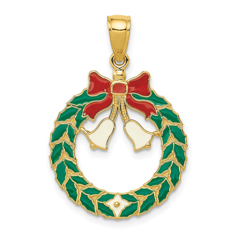 14k Enameled Christmas Wreath with Bells Pendant, 28 x 19 mm