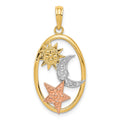 14k Two-tone with White Rhodium Sun/Moon/Star Oval Pendant, 29 x 14 mm