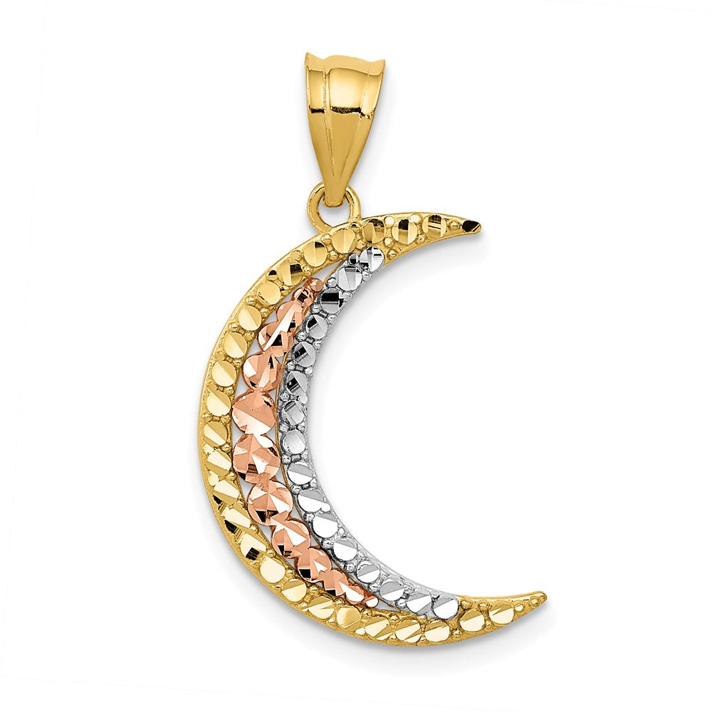 14K Two-tone with White Rhodium Diamond-cut Moon Pendant, 28 x 14 mm