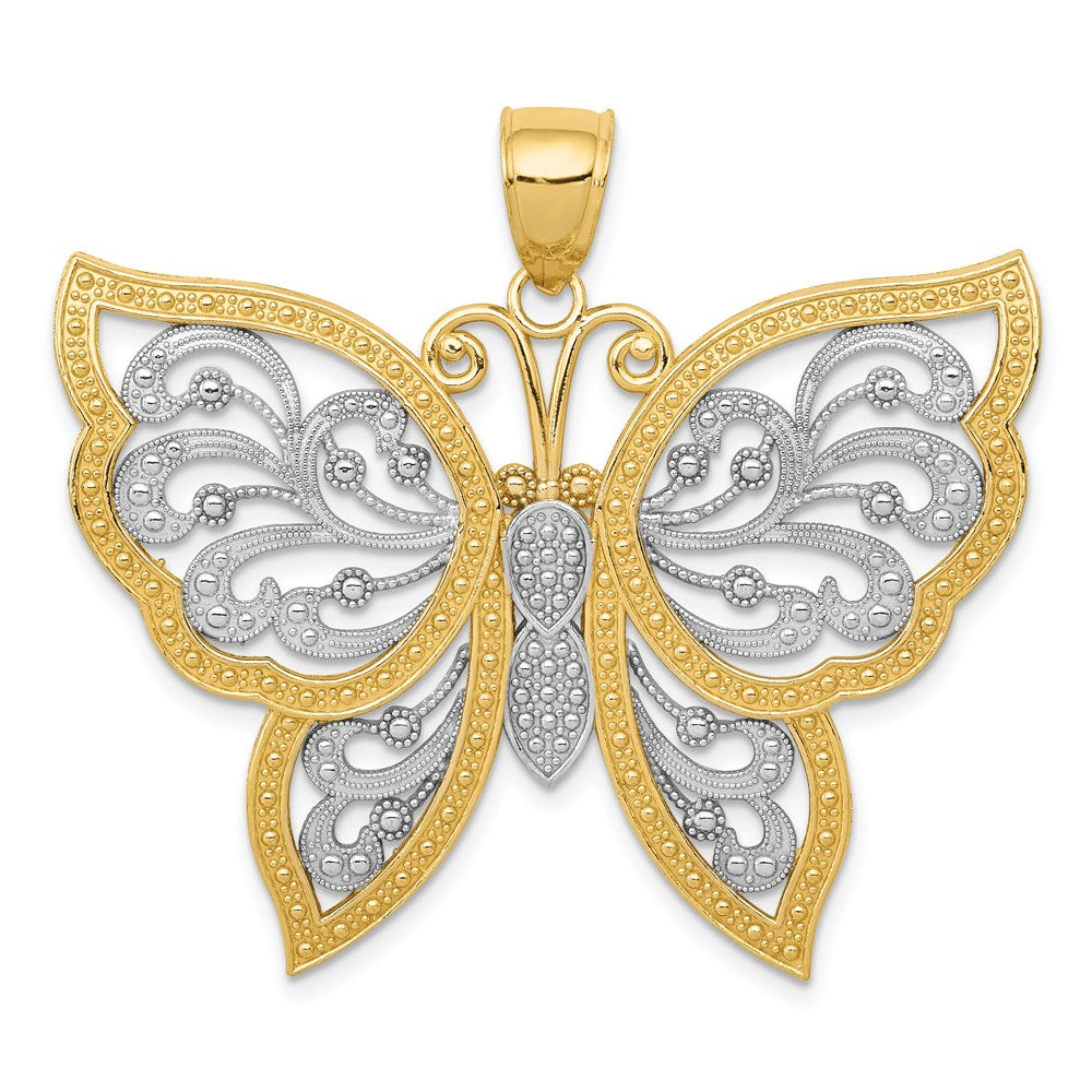 14k and White Rhodium Diamond-cut Butterfly Pendant, 36 x 41 mm