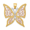 14k Two-tone with White Rhodium Diamond-cut Butterfly Pendant, 34 x 33 mm