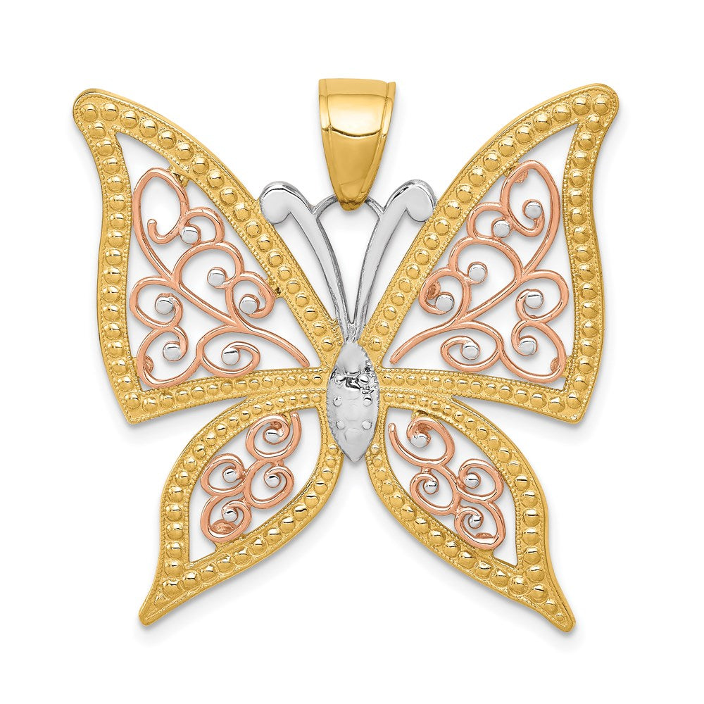 14k Two-tone with White Rhodium Diamond-cut Butterfly Pendant, 34 x 33 mm