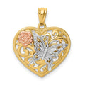 14k Tri-color Butterfly Heart Pendant, 22.5 x 18 mm