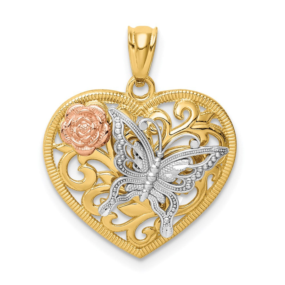 14k Tri-color Butterfly Heart Pendant, 22.5 x 18 mm