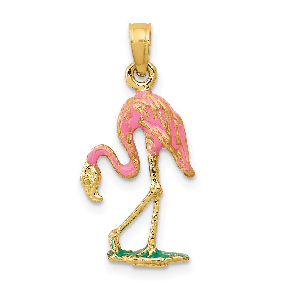 14k Enameled Pink Flamingo Pendant, 24 x 11 mm