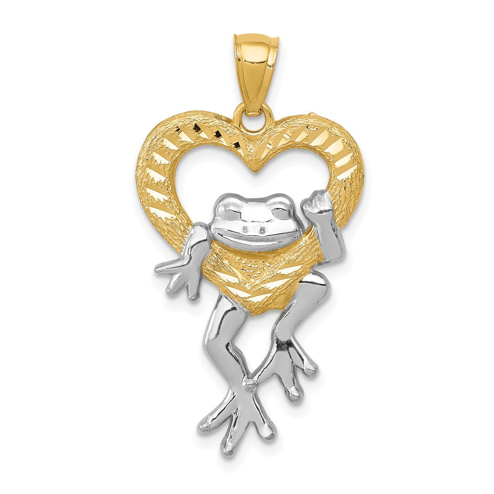 14k and White Rhodium Diamond-cut Frog in Heart Pendant, 32 x 18 mm