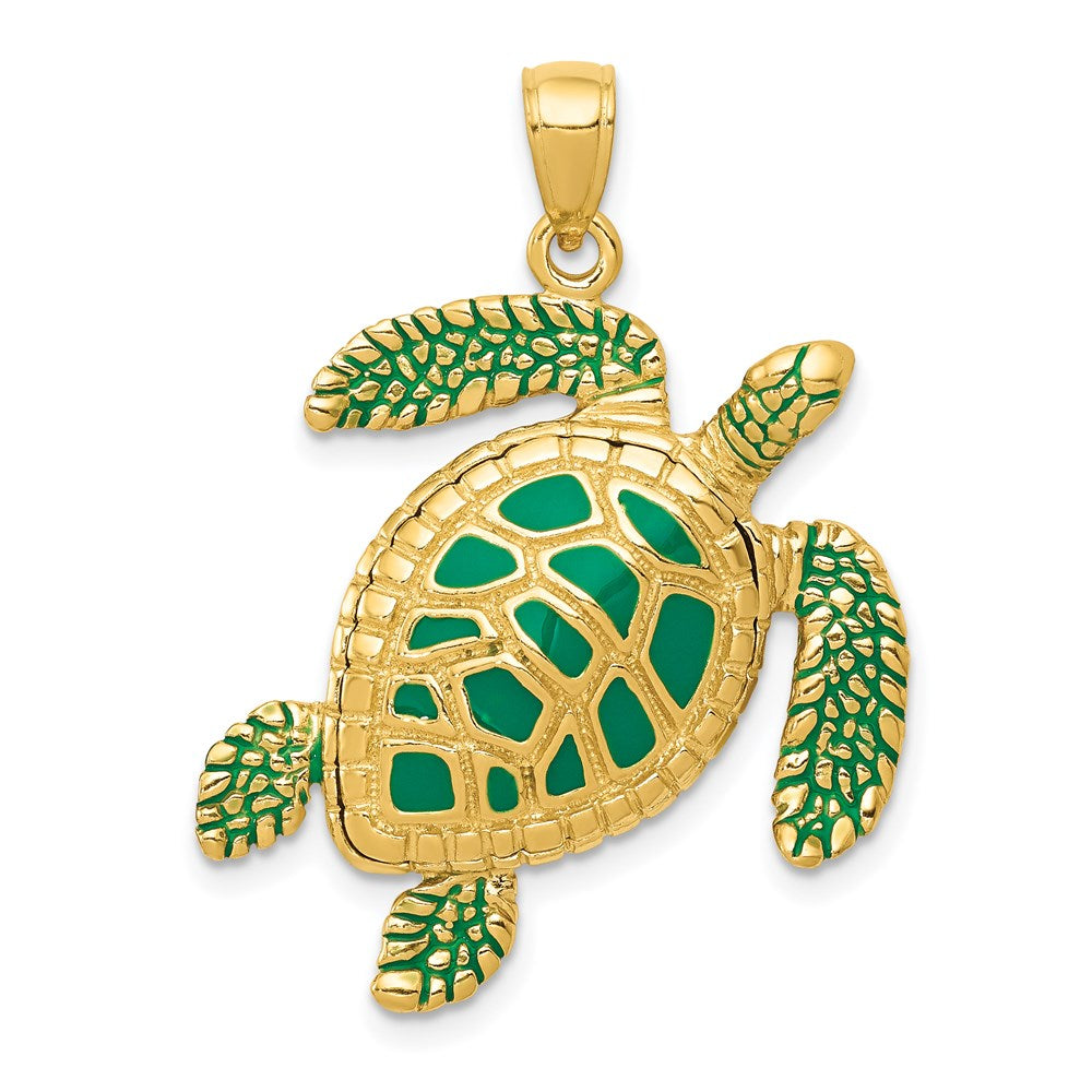 14k 3-D Green Enameled Sea Turtle Pendant, 33 x 24 mm