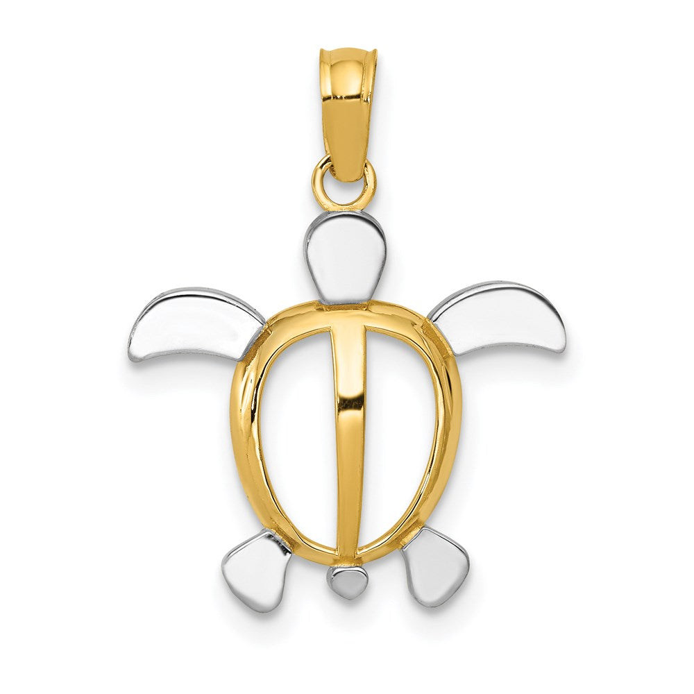 14K and White Rhodium Sea Turtle Pendant, 21 x 16.5 mm