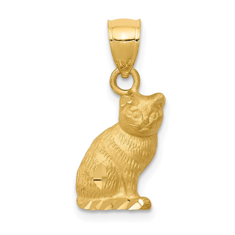 14K Satin Diamond-cut Cat Pendant, 20 x 10 mm