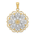 14K and White Rhodium Filigree Hearts with Scalloped Edge Pendant, 35 x 25 mm
